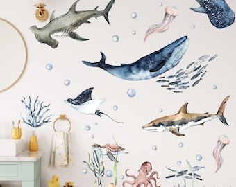 Underwater Wall Decals Set Watercolor Whale Shark Wall Decal Stickers Undersea Ocean Animals Nursery Decals Hammershark Manta Ray Wall Decal