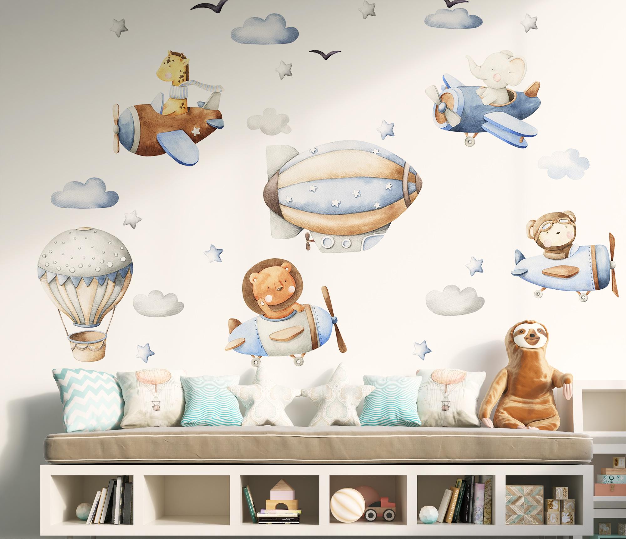 Animals airplane wall decals watercolor Woodland Pilot Airship nursery wall decor repositionable decal Clouds Stars Kids wall print