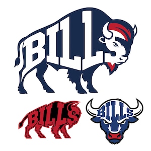Pode incluir: Uma coleção de três logotipos com um búfalo e a palavra "BILLS". O logotipo principal é um búfalo azul marinho com a palavra "BILLS" em branco. Os outros logotipos são vermelhos e azuis.
