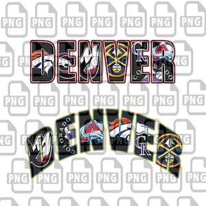 Pode incluir: Dois designs com a palavra "DENVER" em letras em negrito e contornadas. O design superior é reto, o inferior curvo. Cada letra é preenchida com logotipos de equipes esportivas de Denver, incluindo Broncos, Nuggets e Rockies.
