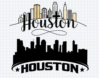 May include: Black and white silhouette of the Houston skyline with the word "HOUSTON" in a stylized font below. The skyline features tall buildings and a curved arch above the city.