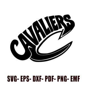 Puede incluir: Silueta en blanco y negro de la palabra "CAVALIERS" con una forma de "C" estilizada.