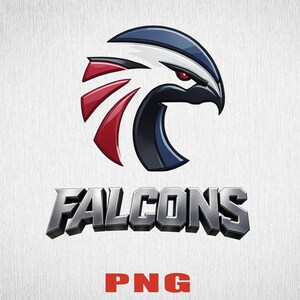 Può includere: Un logo grafico che presenta una testa di falco stilizzata in blu scuro, bianco e rosso con un occhio rosso vivo. Sotto l'icona, la parola FALCONS è scritta in grassetto, con lettere argentate metalliche tridimensionali, seguita dal testo rosso PNG.