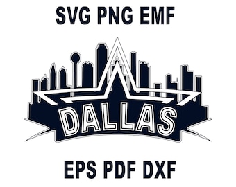May include: A black and white graphic design of the Dallas skyline with a large white star in the center. The text "DALLAS" is written in white letters on a black banner below the skyline. The text "SVG PNG EMF EPS PDF DXF" is written in black letters at the top and bottom of the image.