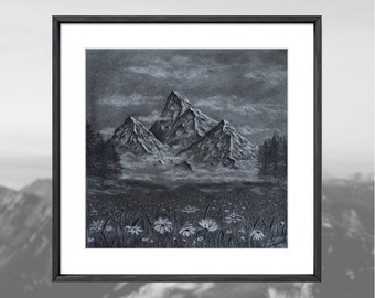 Alpine landscape charcoal drawing, mountains charcoal drawing,original drawing, original charcoal drawing, original artwork, signed