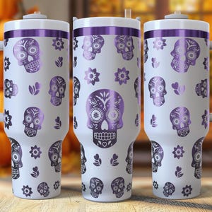 Diseño de calaveras de azúcar y rosas de 40 oz. Diseño digital grabado a láser. Descarga de archivos PNG y SVG. Vasos del Día de los Muertos. Regalos del Día de los Muertos.
