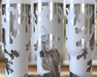 Skull Biker Riding in Flames 40 oz. Laser Engraved Digital Design PNG,SVG File Download, Gifts for Bikers, Skull Rider Tumbler Wraps
