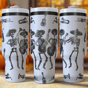 Mariachi de calavera de 40 oz. Diseño digital grabado a láser. Descarga de archivos PNG y SVG. Vaso del Día de los Muertos. Regalo del Día de los Muertos.