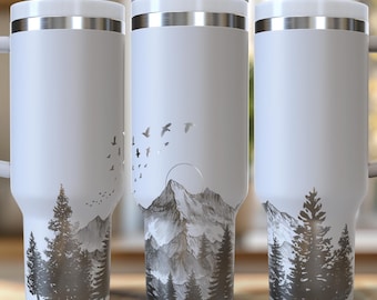 森の山の風景 40オンス レーザー彫刻デジタルデザイン PNG、SVG ファイルダウンロード、マウンテンタンブラー、自然愛好家へのギフト