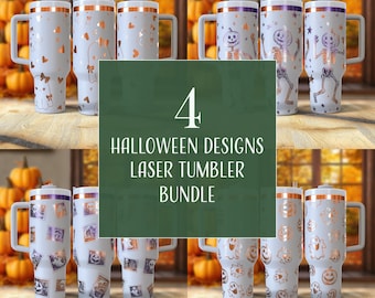 Può includere: Un set di quattro bicchieri laser con disegni di Halloween. I bicchieri bianchi presentano varie grafiche di Halloween color rame, tra cui fantasmi, scheletri e zucche. Ogni bicchiere ha un manico e un coperchio. Il testo sull'immagine recita "4 Halloween Designs Laser Tumbler Bundle."