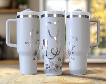 Nurse Floral Stethoscope Tumbler Wrap 40 oz. Laser Engraved Digital Design PNG,SVG File Download, Gifts for Nurses, First Time Nurse Tumbler