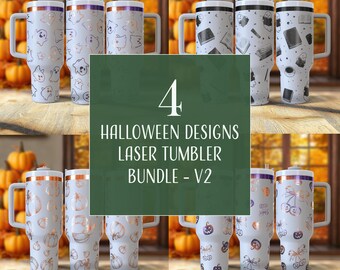Può includere: Un pacchetto di quattro bicchieri laser con disegni di Halloween. I bicchieri presentano vari motivi, tra cui fantasmi, libri, zucche e fiocchi. Hanno corpi bianchi con accenti metallici e manici. Il testo "4 HALLOWEEN DESIGNS LASER TUMBLER BUNDLE - V2" è visibile.