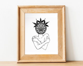 May include: Black and white line art print of a person with a flower mandala design on their head, holding their arms around their body.