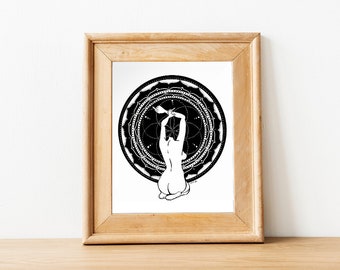 May include: Black and white illustration of a person in a yoga pose with a mandala behind them. The person is facing away from the viewer and has their arms raised above their head. The mandala is intricate and detailed, with a circular design.