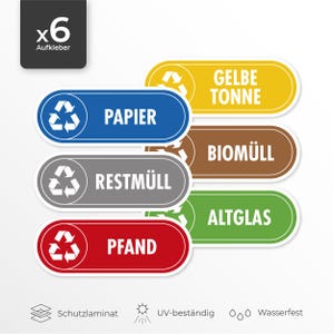 Könnte beinhalten: Set mit sechs Recycling-Aufklebern in verschiedenen Farben, darunter Blau, Gelb, Braun, Grau, Rot und Grün. Jedes Etikett zeigt ein Recycling-Symbol und Text, der die Art des Abfalls angibt. Die Etiketten sind UV-beständig und wasserfest.
