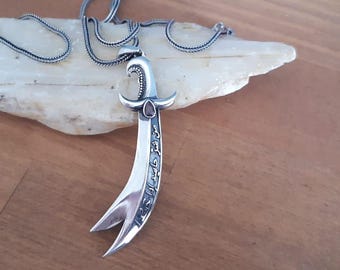 Handmade 925 Sterling Silver Zulfiqar Sword Necklace with Zircon Stone