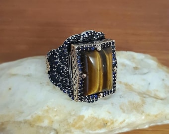 Men's Tiger Eye Ring, 925 Sterling Silver, Ottoman Style, Turkish Handmade Jewelry