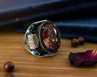 Handmade 925 Sterling Silver Men's Ring: Zircon & Bronze
