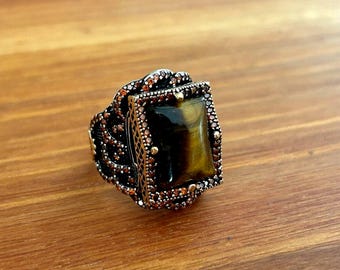 Handmade Tiger Eye Stone Ring, 925k Sterling Silver Men's Ring