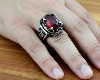 Handmade Sterling Silver Garnet Gemstone Ring, Gift For Men