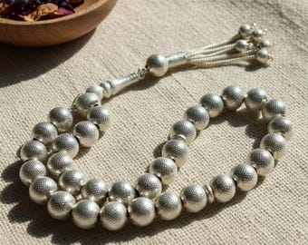 Sterling Silver Tasbih: 33-Bead Muslim Prayer Beads with Tassel