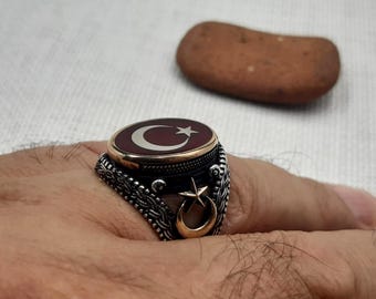 Handmade 925 Sterling Silver Ottoman Ring: Turkish Flag Crescent Star