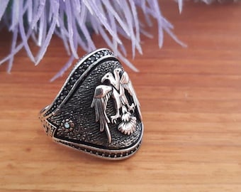 Sterling Silver Double Headed Eagle Ring - Handmade Vintage Men's Thumb Ring