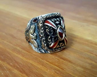 925 Sterling Silver Eagle Signet Ring, Red White Enamel, Patriotic Jewelry