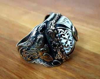 925 Sterling Silver Ottoman Men's Ring, Enamel Islamic Design