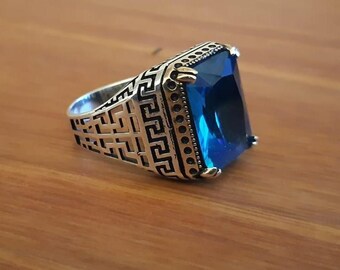 Aquamarine Stone Sterling Silver Ring, Handmade Mens Jewelry