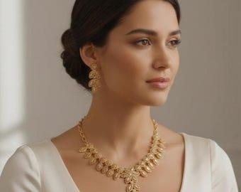 Gold Plated Turkish Bridal Jewelry Set | Necklace, Earrings and Bracelet