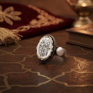 Sterling Silver Islamic Calligraphy Ring, Oval Stone, Handmade Ottoman Turkish Jewelry