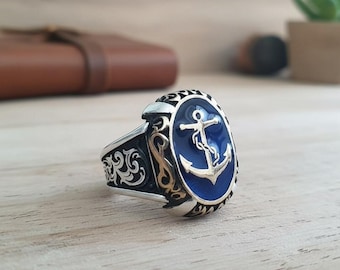 Oxidized Sterling Silver Anchor Ring, Blue Enamel, Nautical Jewelry