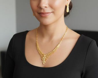 Gold Plated Turkish Bridal Jewelry Set | Necklace, Earrings and Bracelet