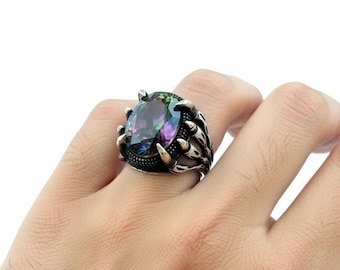 Mystic Topaz Sterling Silver Men's Ring, Handmade Turkish Claw Design