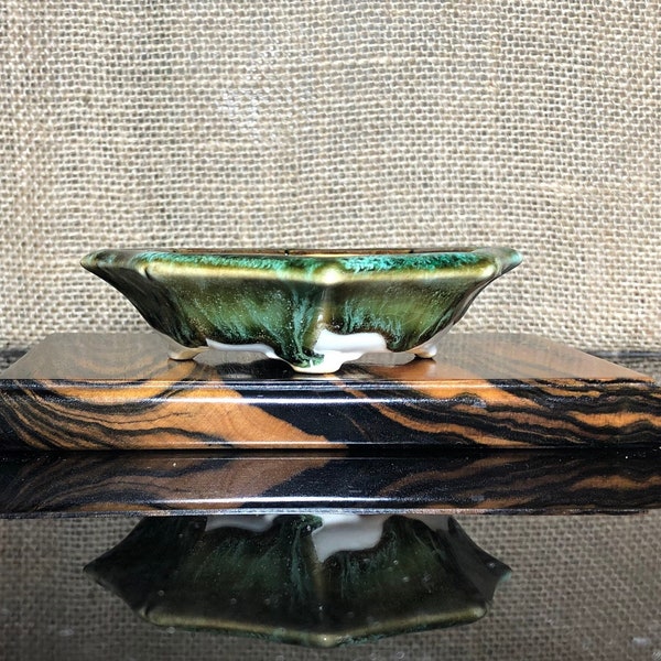 Pottery, octagonal bonsai pot, handmade, ocean color +white, shohin size 4+1/4" very cute, effect like currents or ocean waves