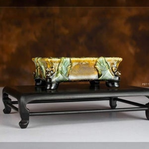Hand-Carved Bats Bonsai Pot: Vietnamese Pottery, Tea Table Decor