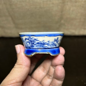 May include: A small, oval-shaped, blue and white ceramic bonsai pot with three feet. The pot has a blue and white landscape design.
