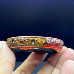 Unique Handmade Bonsai Pot, Reactive Glaze Ceramic Planter, One of a Kind, Artisan Pottery, Oval shape, mame size 2.5", red & copper color