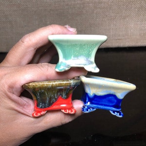 Miniature Glazed Ceramic Bonsai Pots - Vietnamese Handmade Planters (Set of 3)