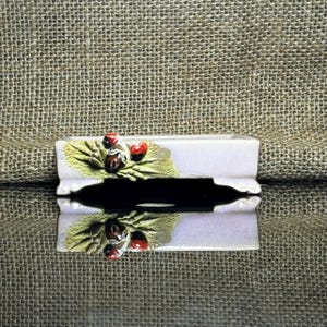 May include: A small, rectangular, light purple ceramic bonsai pot with a raised rim and three legs. The pot is decorated with a green and yellow floral design and red berries.