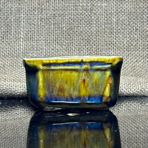 Puede incluir: Un pequeño plato rectangular de cerámica con acabado brillante. El plato presenta una mezcla de colores, incluyendo azul, amarillo y marrón, creando un efecto veteado único. El plato se utiliza probablemente para servir pequeñas porciones de comida o como objeto decorativo.