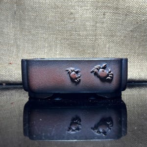 Puede incluir: Una maceta rectangular de color marrón oscuro con dos diseños de cangrejos en la parte delantera. La maceta tiene un acabado brillante y se refleja en la superficie inferior. El fondo es una tela texturizada de tonos neutros.