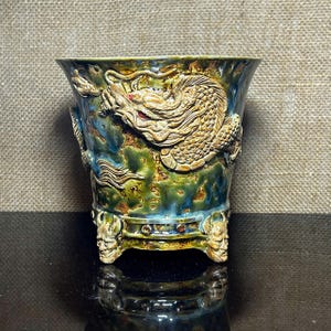 Maceta para bonsái con escultura de dragón, cerámica con esmalte especial, 4 patas en forma de oni, tamaño 5,8". Maceta para bonsái única, de alto valor para coleccionistas.