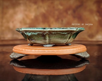 手作りの釉薬をかけた陶器の盆栽鉢：色が変わるデザイン（4インチ×2