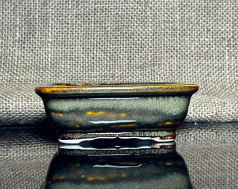 Maceta de bonsái de cerámica esmaltada hecha a mano: color único (10,4 x 8,1 x 3 cm)
