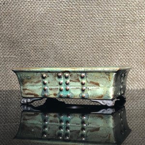 Handmade Glazed Ceramic Bonsai Pot: Copper Button Detail (4x3.2 inch)