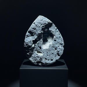 White Aragonite, Handcrafted Basalt Geode with Natural Calcite Crystal on Custom Wood Base, 5 inch, 1056 gram