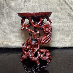 Supporto in legno di Padauk, scultura fatta a mano, legno massello, venature del legno meravigliose, decorazione per la casa, dimensioni del supporto in radice 6,5"
