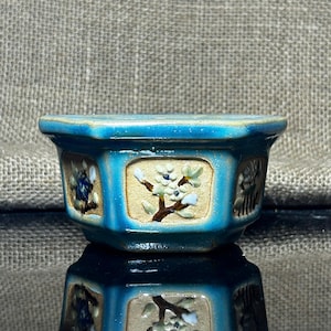 Peut inclure: Petit pot à bonsaï en céramique turquoise de forme hexagonale. Le pot présente des motifs floraux en relief dans des panneaux rectangulaires. La finition brillante du pot reflète la lumière, soulignant les détails.